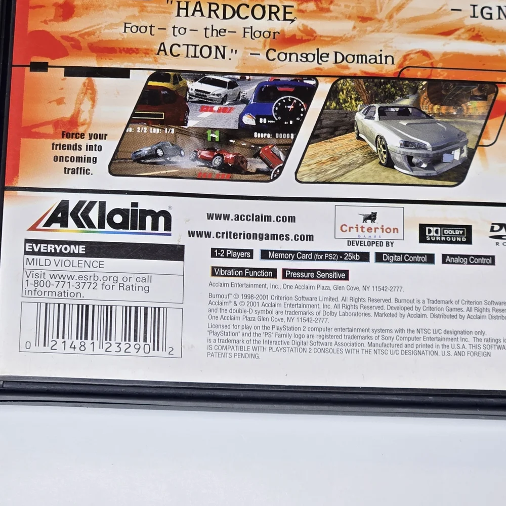 Burnout for PlayStation 2 by - AKKLAIM Black Case. Complete Game Tested Ps2